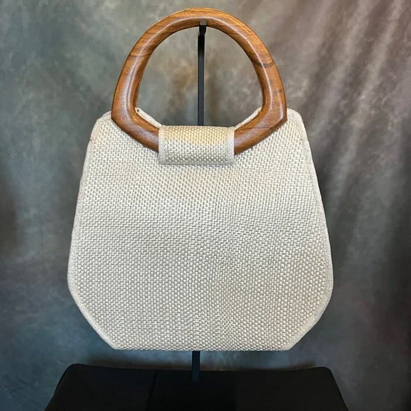 Unique Vintage Woven Straw Tote Bag Wooden Handles Embroidered Floral Design - Picture 4 of 11